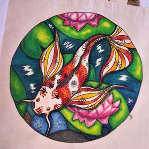 Painted Tote Bag with Orange Butterfly Koi Fish in Pond 15x16x4 Handmade NWT